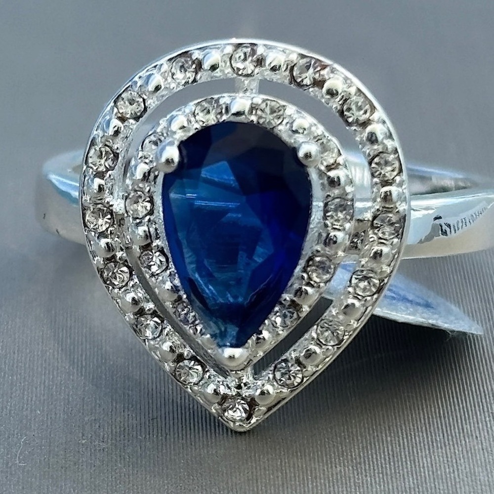 Ring Silver Tone Blue Pear Cut Stone Double Halo Statement Size 7 New